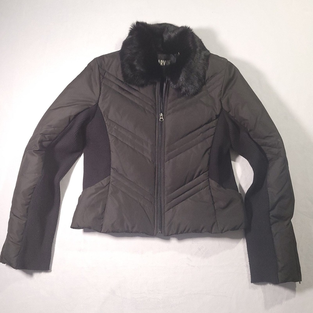 Marvin Richards Down Puffer Jacket Black Rabbit Fur Collar Ribbed Panels Large